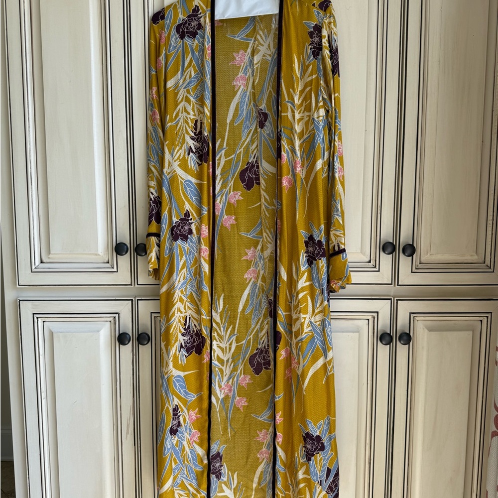 Xhilaration Mustard Yellow Floral Kimono with Blue, Pink & Brown Accents